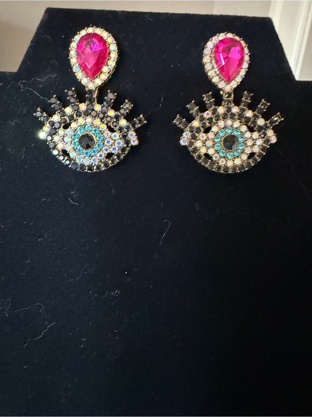 Crystal Evil Eye Drop Earrings with Fuchsia Teardrop Accent